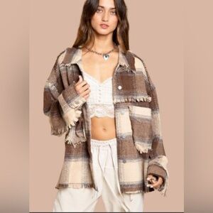 POL  Anthropologie Plaid Fringe Oversized Shacket Women’s Size Small